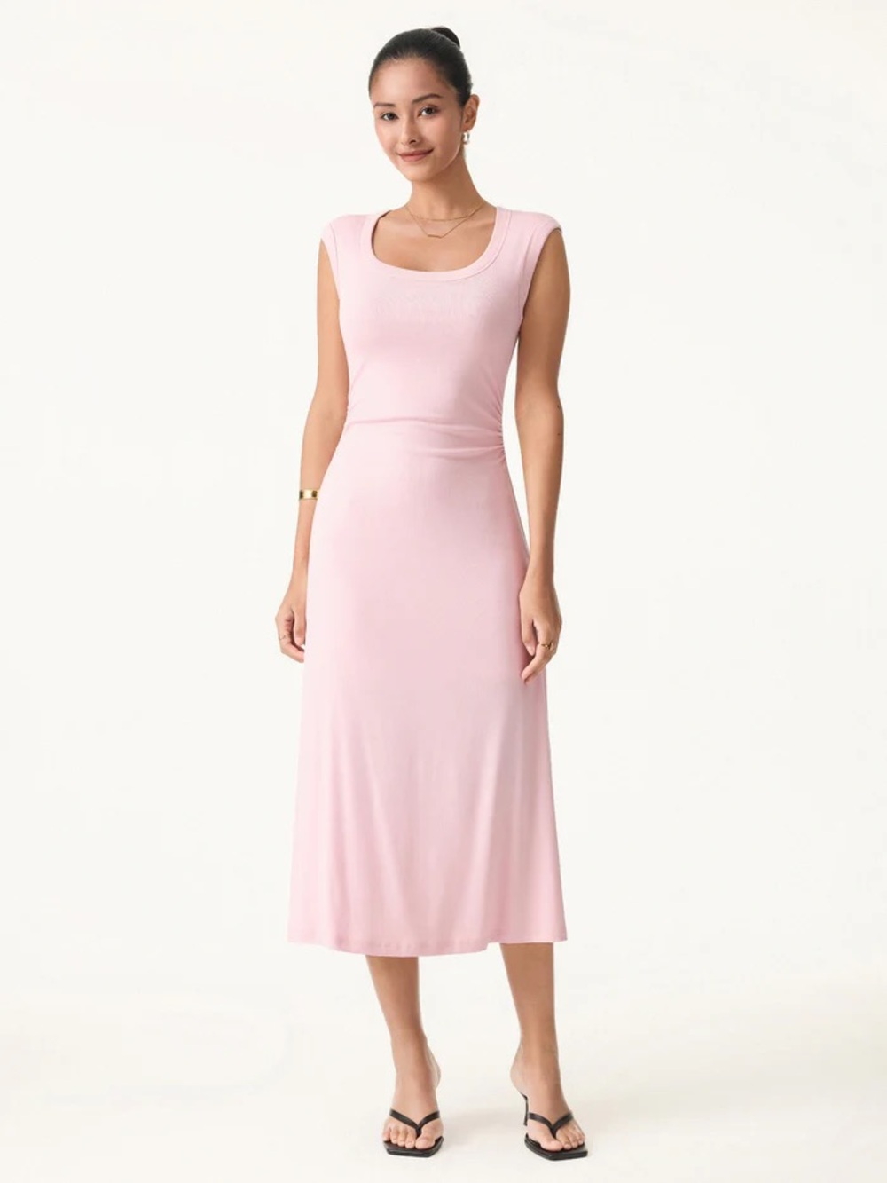NWT OGL Scoop Neck Side Ruched New Airy Bra Midi Dress - Picture 2 of 4